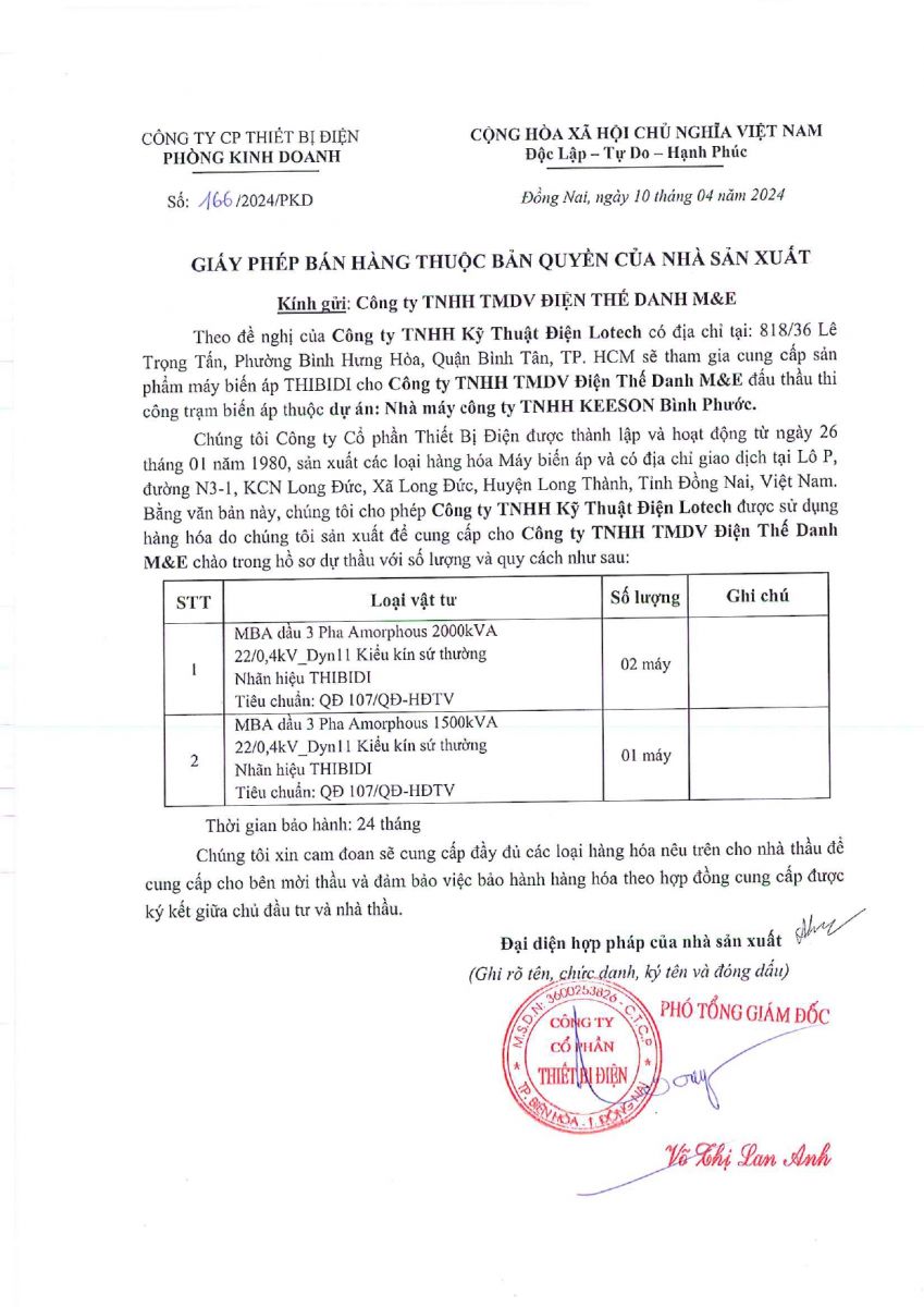 Giấy phép ủy quyền bán hàng THIBIDI cho dự án