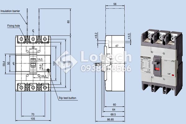 Bản vẽ cấu tạo MCCB LS ABS203c MCCB 3P 250A 42kA