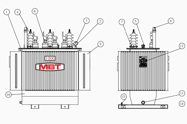 Bản vẽ cấu tạo máy biến áp 3 pha ngâm dầu MBT